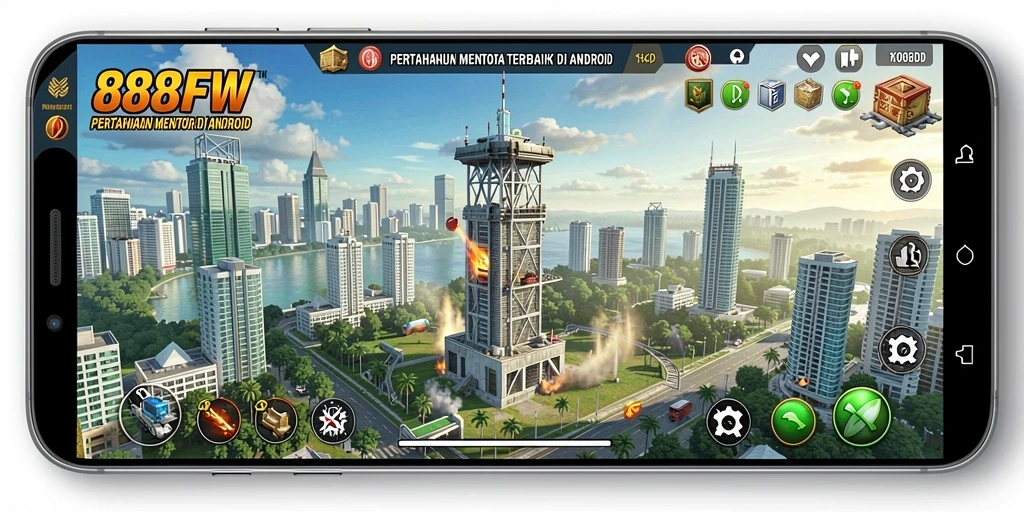 Tangkapan layar utama gameplay Tower Defense 888FW yang menegangkan.