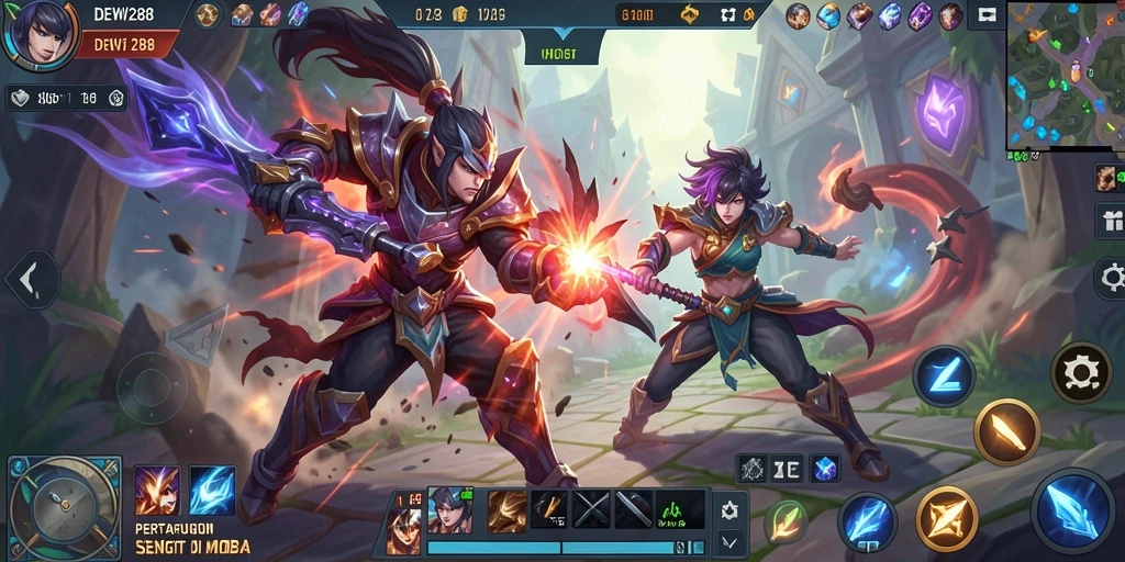Screenshot gameplay DEWI288 menunjukkan aksi seru dalam pertarungan MOBA.