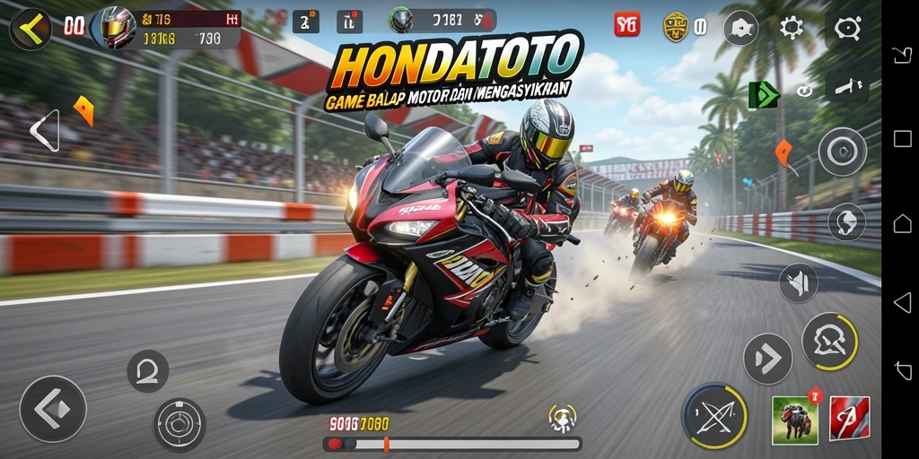 Gameplay HONDATOTO dengan motor balap dan trek menantang.