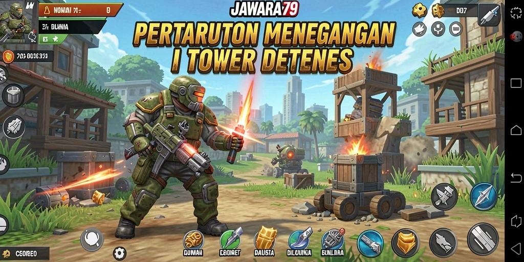 Screenshot gameplay JAWARA79 menampilkan pertempuran Tower Defense yang epik.