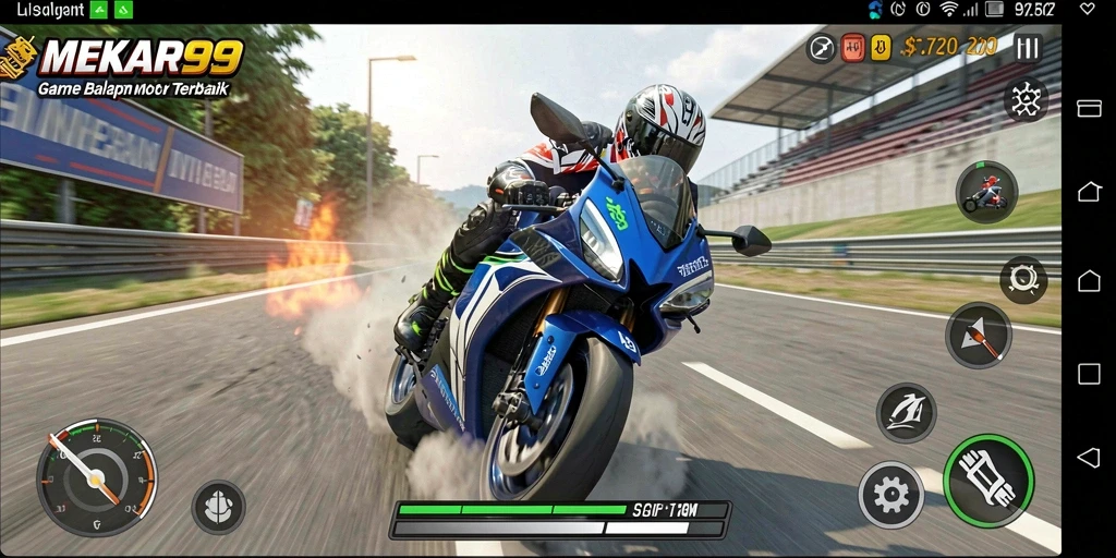 Screenshot utama MEKAR99 menampilkan aksi balapan motor yang mendebarkan.