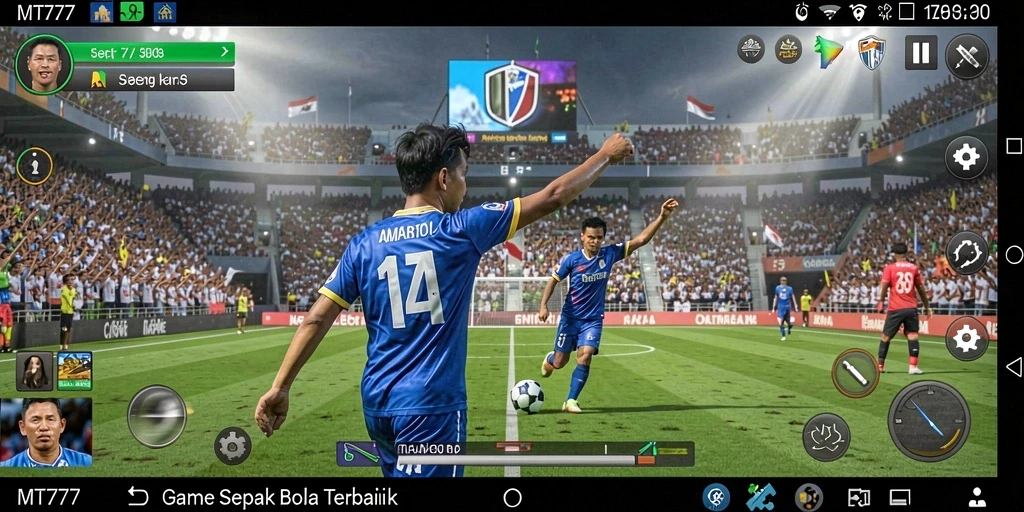 Screenshot utama MT777 menampilkan aksi pertandingan sepak bola yang intens.