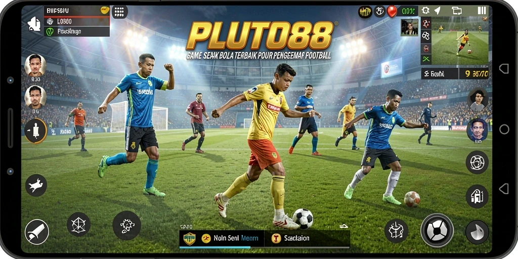 Screenshot gameplay menampilkan aksi seru pertandingan sepak bola.