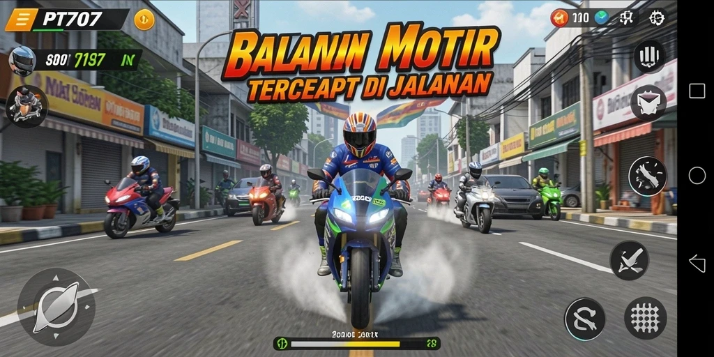 Tampilan gameplay PT707 dengan aksi balapan motor yang seru.