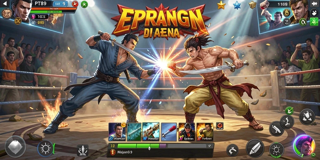 Gameplay menarik dengan pertarungan intens di arena.