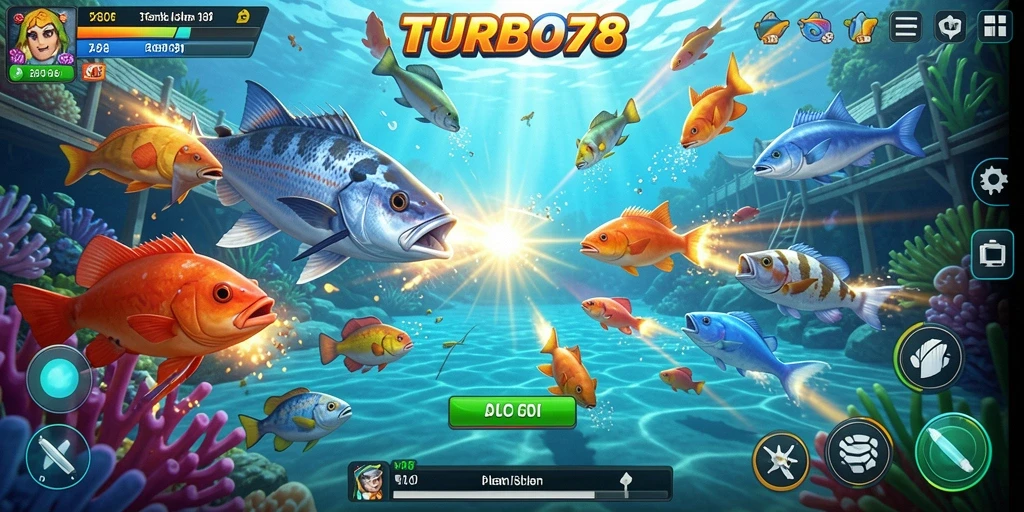 Tangkapan layar gameplay TURBO78 menampilkan aksi menembak ikan yang seru.