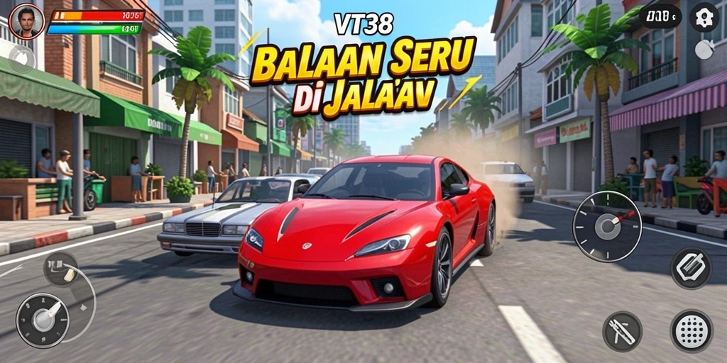Menampilkan aksi balapan intens di jalanan kota.