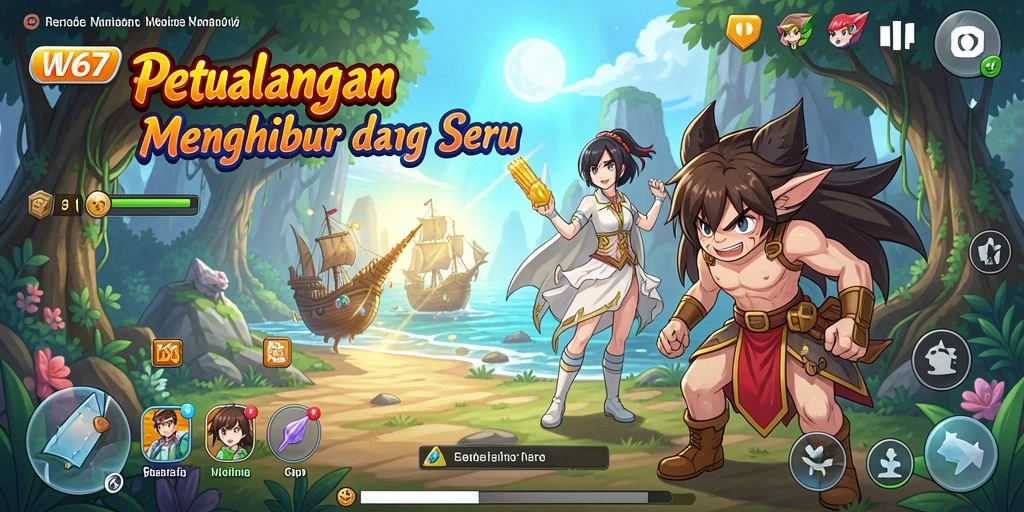 Tampilan gameplay seru dalam W67 dengan karakter anime ikonik.