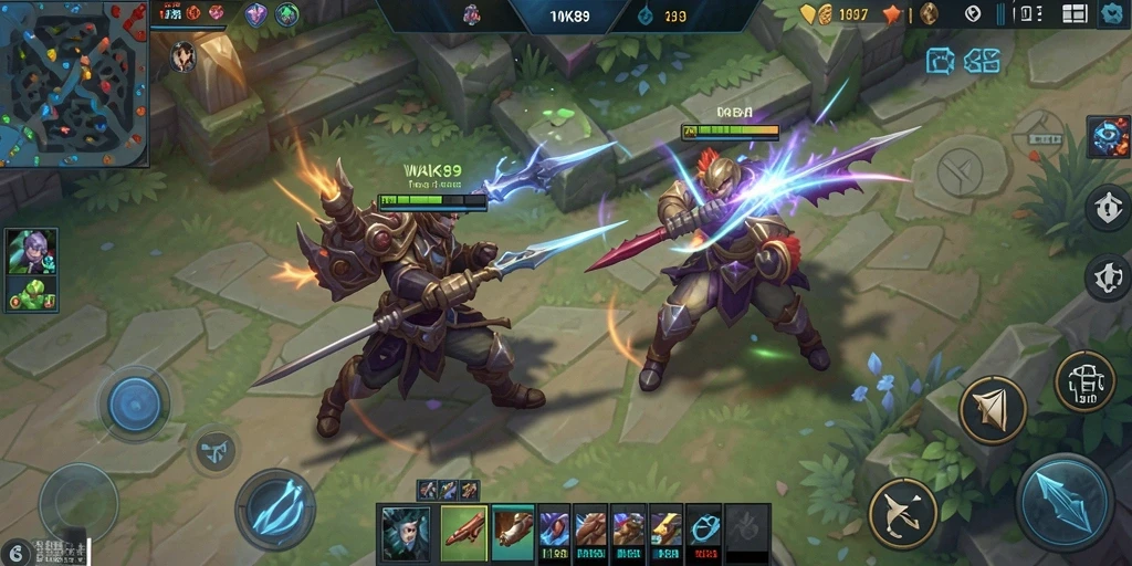 Gameplay intens WAK89 dengan pertarungan antar karakter MOBA.