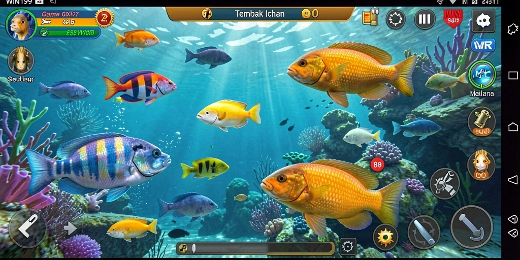 Screenshot gameplay menunjukkan keseruan menangkap ikan besar di bawah laut.